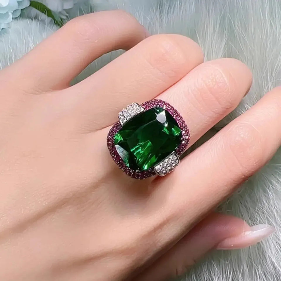 Anel Ajustável Verde E Roxo Quadrado Cravejado de Zircônias Para Festa