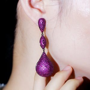 Brinco de Festa Roxo de Gota Longo Luxuoso com Zircônias Laszine Shop