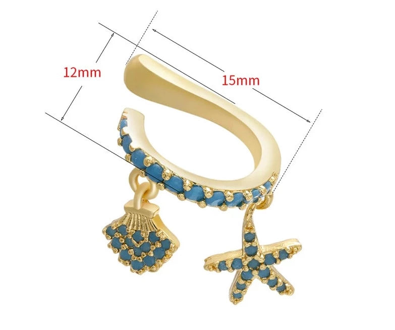 Brinco de Cartilagem Ear Cuff Com Pingente de Concha e Estrela do Mar 1 Peça