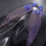 Brinco de Pressão de Franja Azul de Festa Longo Com Cristais Tassel