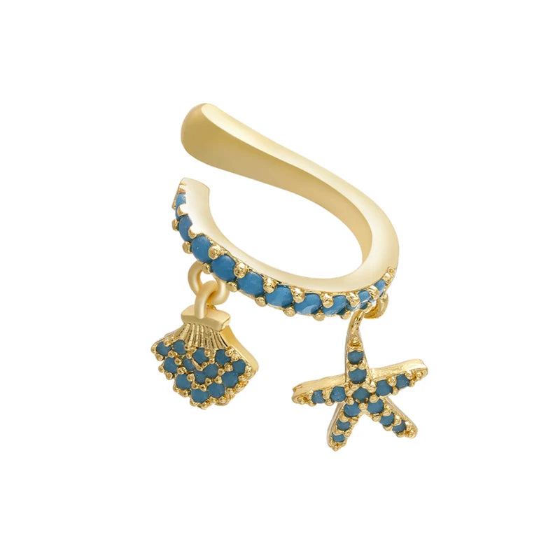 Brinco de Cartilagem Ear Cuff Com Pingente de Concha e Estrela do Mar 1 Peça