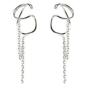 Brinco de Cartilagem Ear Cuff Prateado Argola Dupla Com Corrente Franja 2 Peças