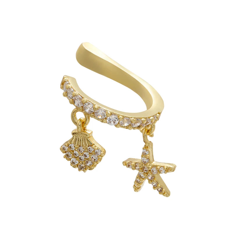 Brinco de Cartilagem Ear Cuff Com Pingente de Concha e Estrela do Mar 1 Peça