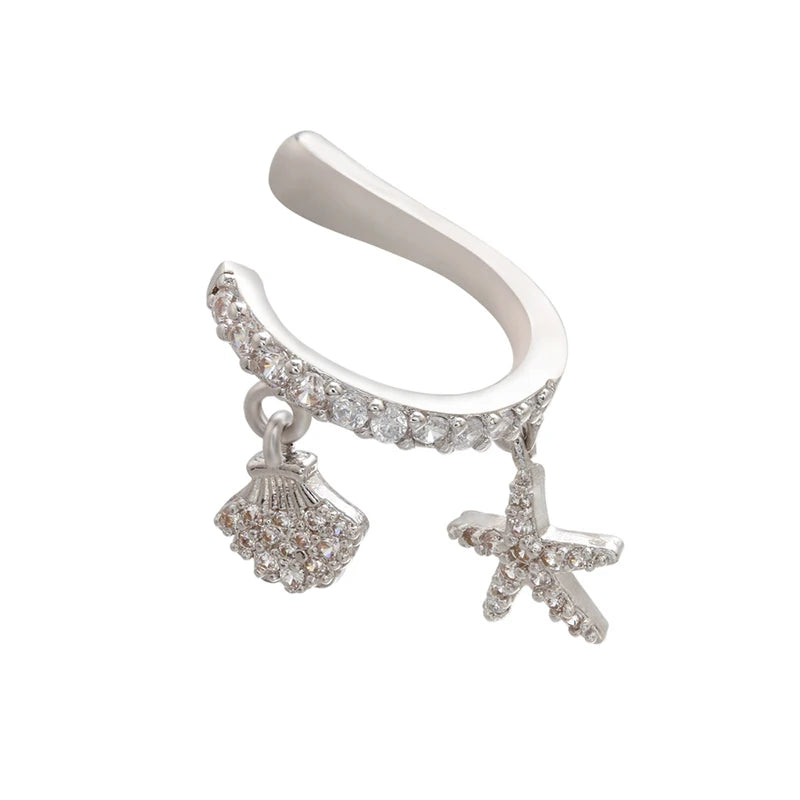 Brinco de Cartilagem Ear Cuff Com Pingente de Concha e Estrela do Mar 1 Peça