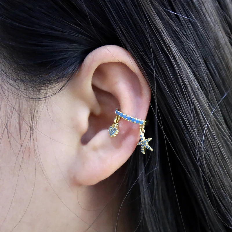 Brinco de Cartilagem Ear Cuff Com Pingente de Concha e Estrela do Mar 1 Peça