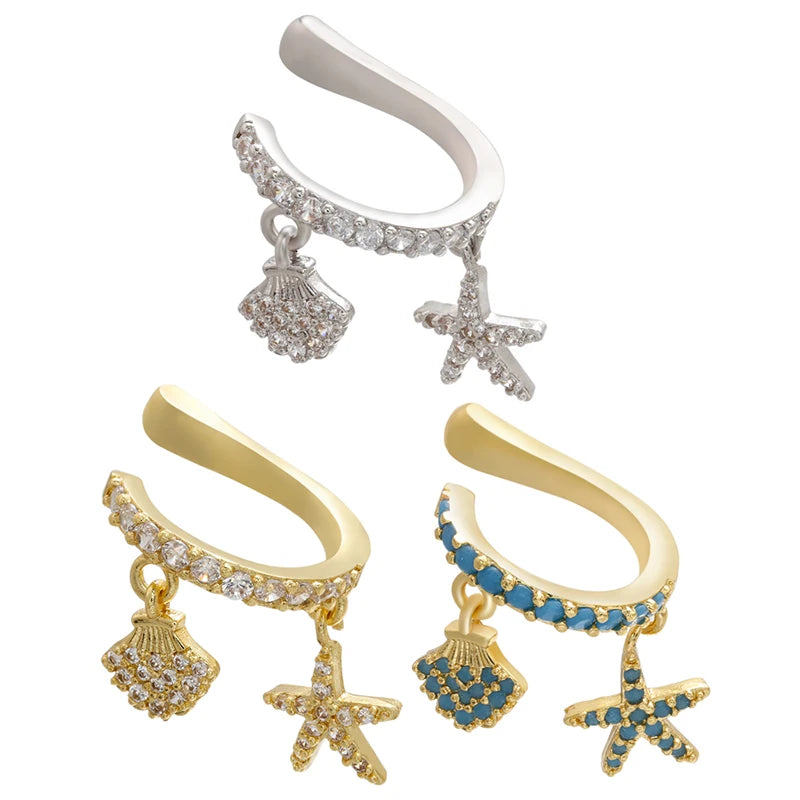 Brinco de Cartilagem Ear Cuff Com Pingente de Concha e Estrela do Mar 1 Peça