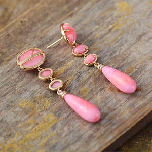 Brinco Ypudá de Pedra Natural Rosa Semipreciosa Longo Laszine Shop