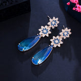 Brinco de Festa Floral Azul Com Gota de Cristal e Zircônias Laszine Shop