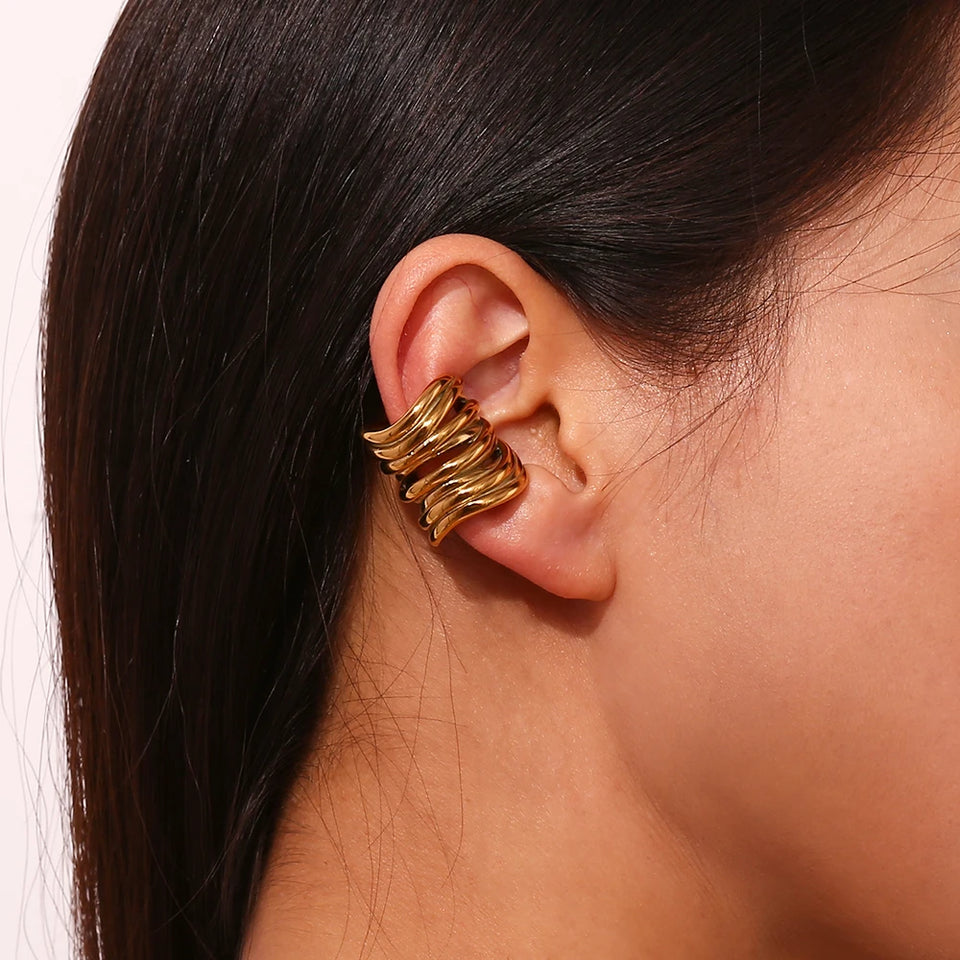 Brinco de Cartilagem Ear Cuff Grosso Argola de Várias Camadas Em Aço Inoxidável Banhado a Ouro 2 Peças