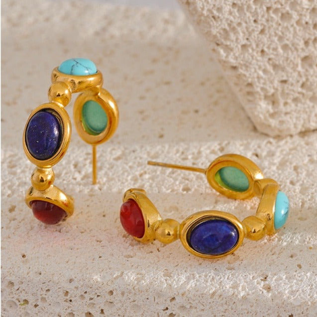 Brinco de Argola Azul com Pedras Naturais Banhado a Ouro 18k Laszine Shop