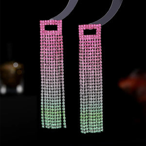 Brinco de Festa Fúcsia Pink com Franja Tassel Retangular Rhinestone