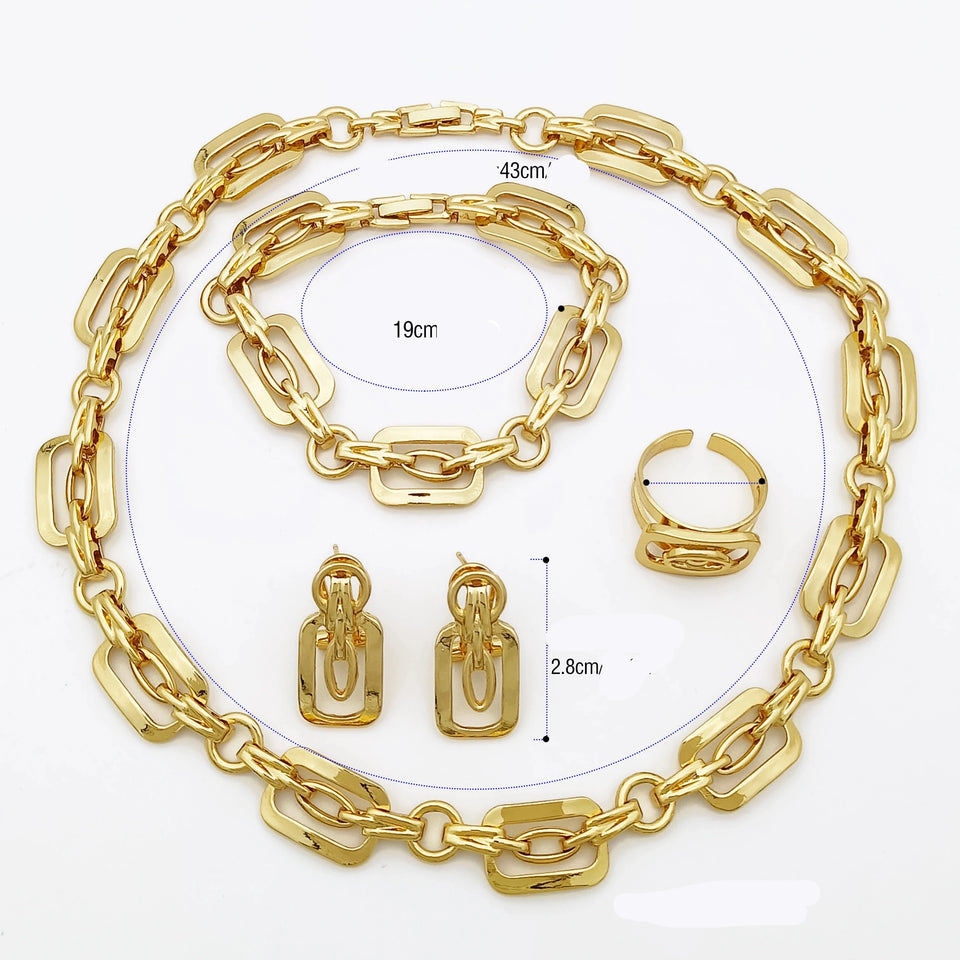 Conjunto de Colar e Brinco de Correntes Banhado a Ouro 18k Estilo Dubai