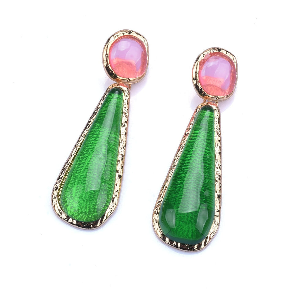 Brinco Longo Pendentes Grande de Resina Dangle Verde e Rosa Laszine Shop