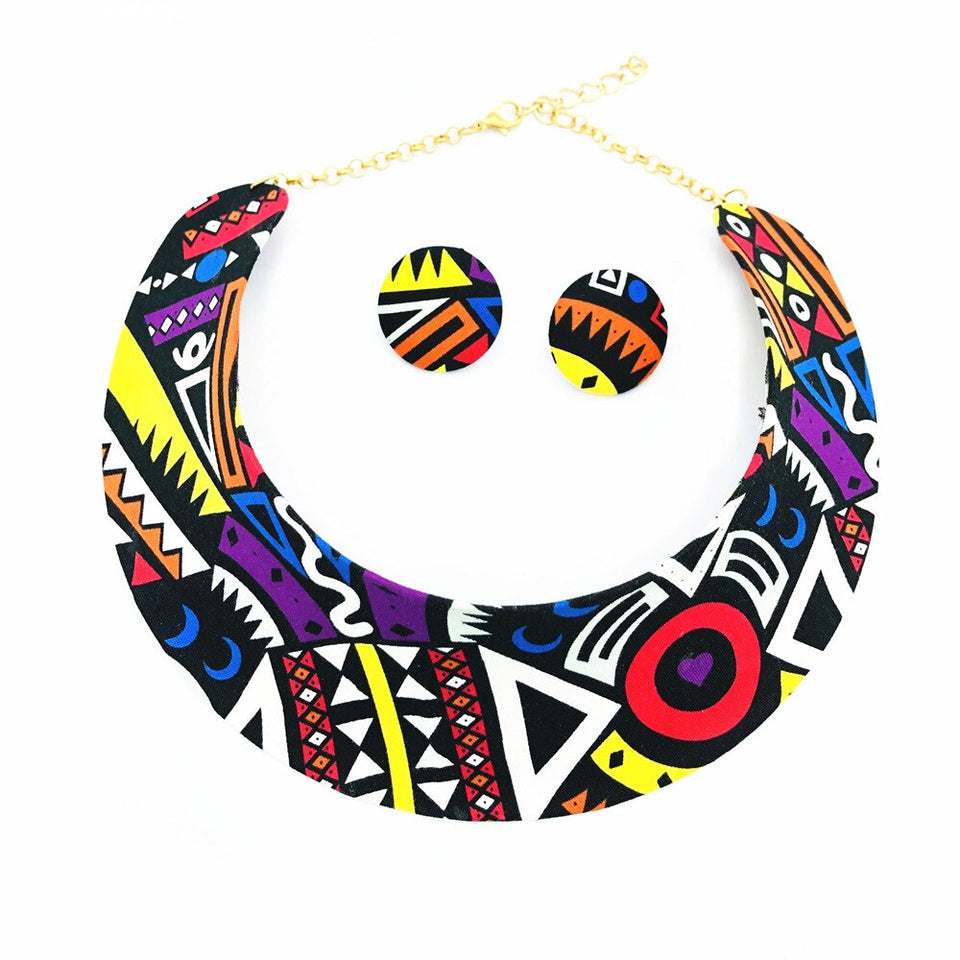 Conjunto Gargantilha Estilo Africano de Tecido Brinco e Bracelete Laszine Shop