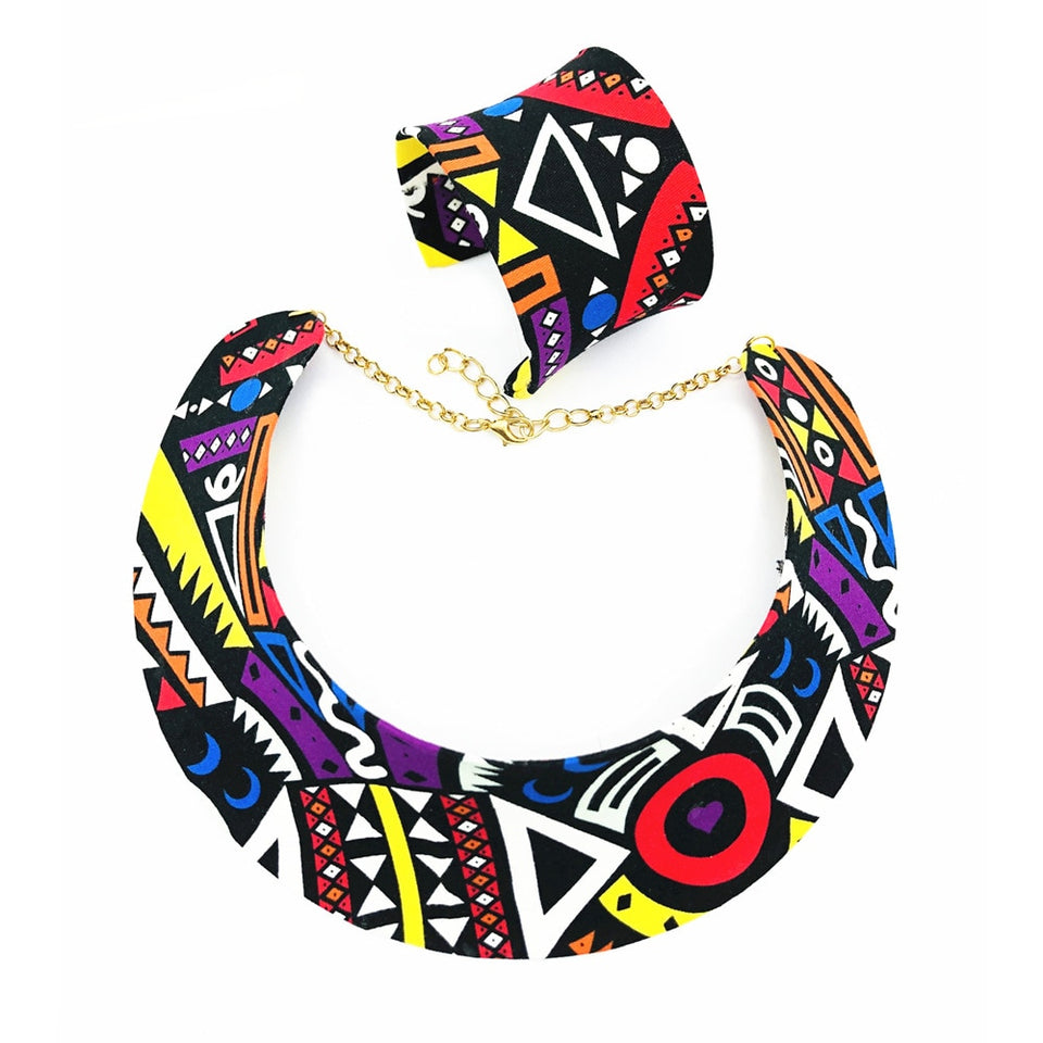 Conjunto Gargantilha Estilo Africano de Tecido Brinco e Bracelete Laszine Shop