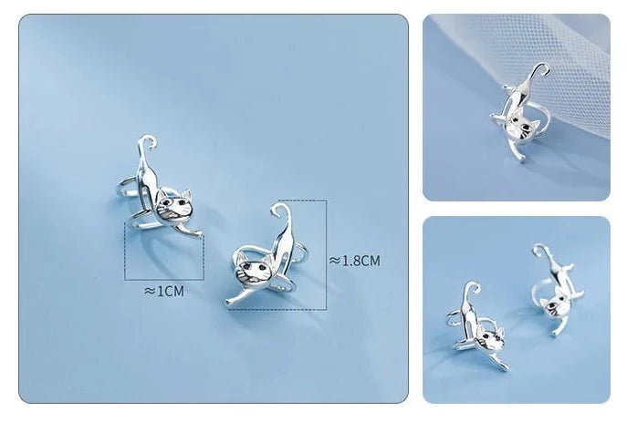 Brinco de Cartilagem Ear Cuff de Gatinhos em Prata Esterlina 2 Peças