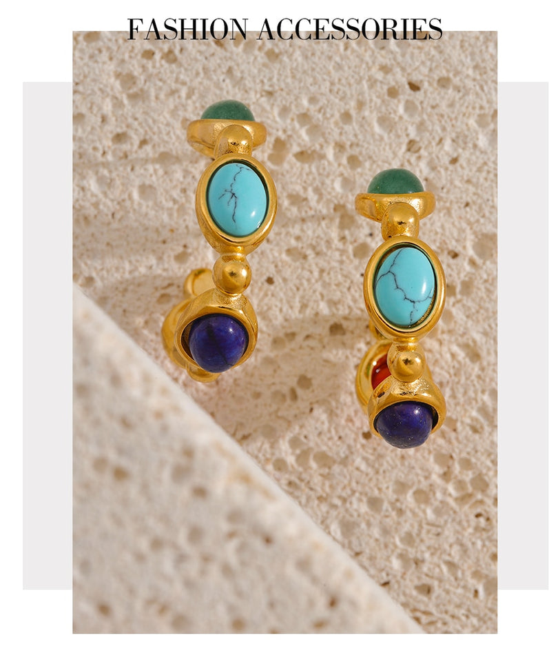 Brinco de Argola Azul com Pedras Naturais Banhado a Ouro 18k Laszine Shop