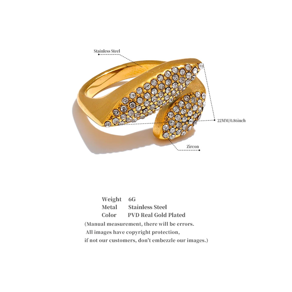 Anel Grosso Ajustável Cravejado de Zircônias de Aço Inoxidável Folha Longa Gisely
