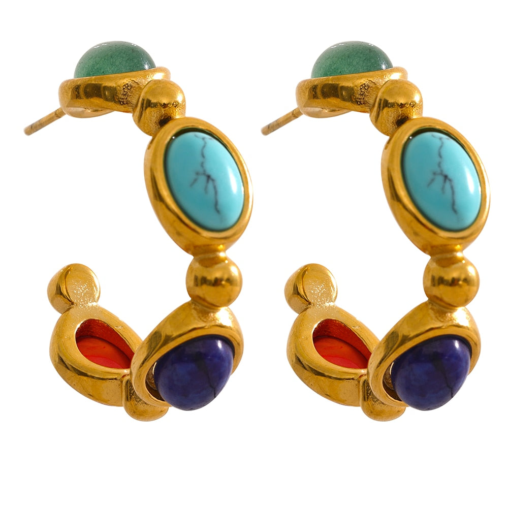 Brinco de Argola Azul com Pedras Naturais Banhado a Ouro 18k Laszine Shop