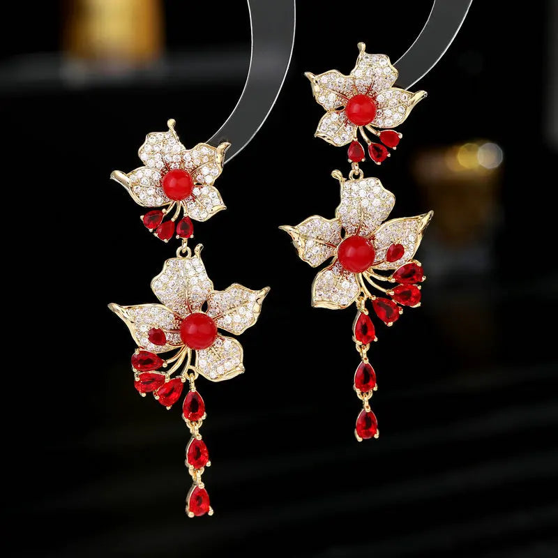 Brinco de Festa Vermelho Longo 2 Flores Luxuoso com Zircônias