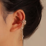 Brinco de Cartilagem Ear Cuff Galho de Rosa 1 Peça Única Dourado Rosê