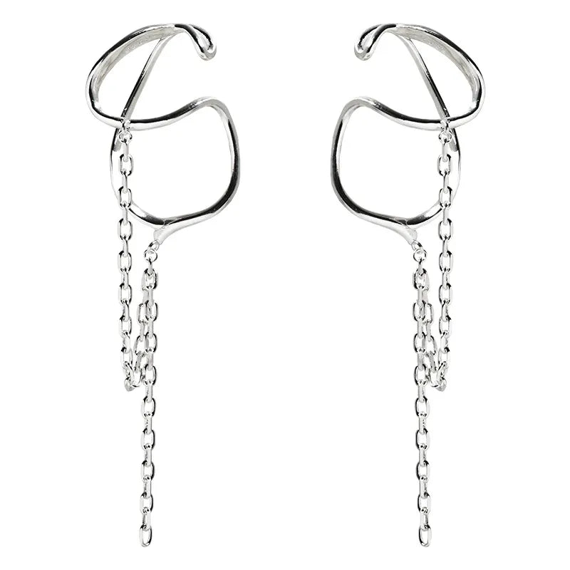 Brinco de Cartilagem Ear Cuff Prateado Argola Dupla Com Corrente Franja 2 Peças