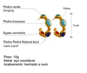 Brinco de Argola Azul com Pedras Naturais Banhado a Ouro 18k Laszine Shop