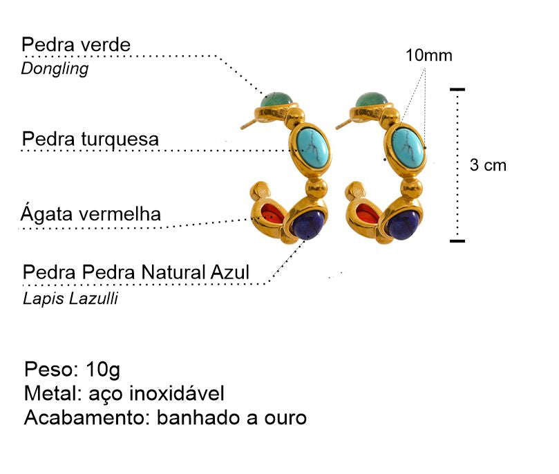 Brinco de Argola Azul com Pedras Naturais Banhado a Ouro 18k Laszine Shop