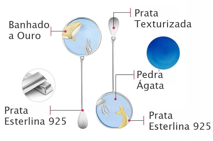 Brincos de Baleia e ALgas Redondos Assimétricos Em Prata Esterlina Banhado a Ouro Prata e Azul