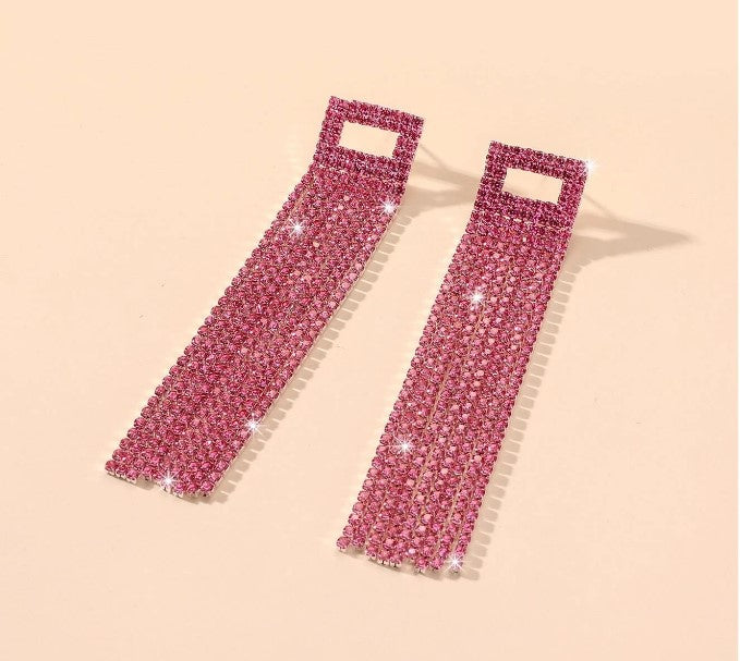 Brinco de Festa Fúcsia Pink com Franja Tassel Retangular Rhinestone