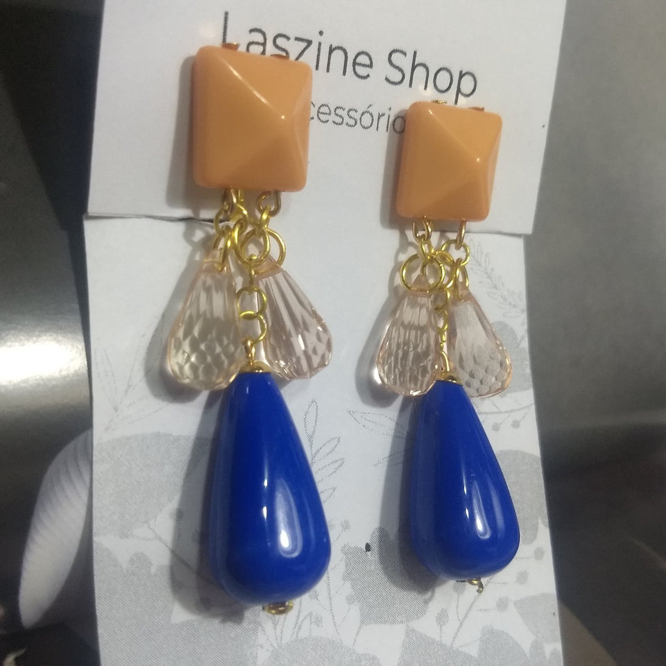 Brinco de Pressão Laranja e Azul Longo Quadrado e Gota