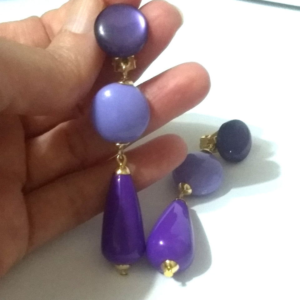 Brinco de Pressão Lilás e Roxo Com Gota Artesanal