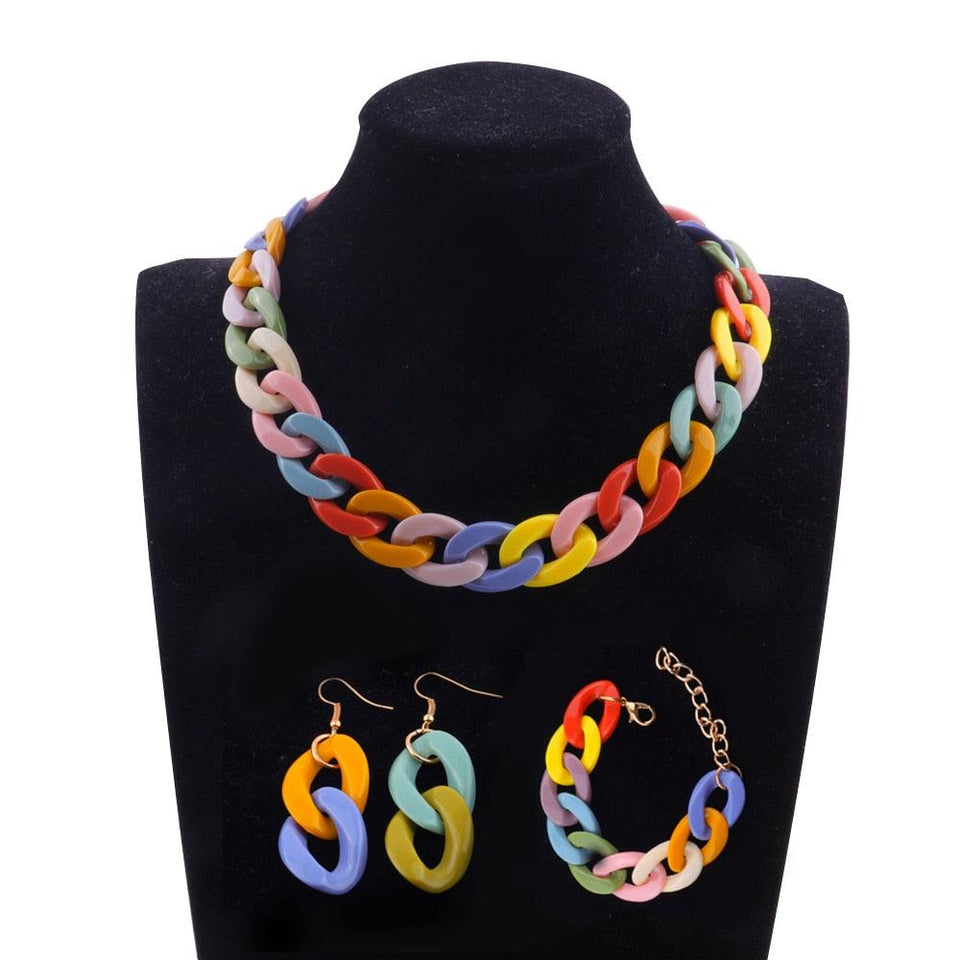 Conjunto de Corrente Colorida - Colar - Pulseira - Brinco Laszine Shop