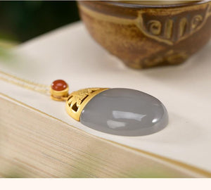 Colar de Pedra Natural Cinza Jade Oval Estilo Oriental Laszine Shop