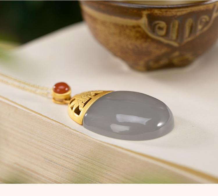 Colar de Pedra Natural Cinza Jade Oval Estilo Oriental Laszine Shop