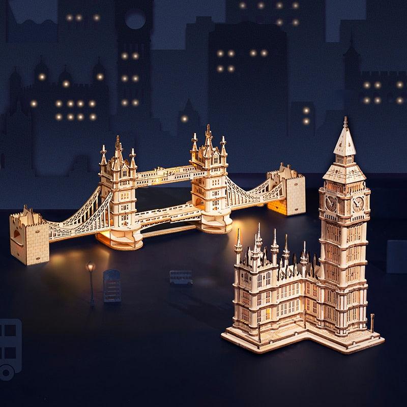 Robotime Rolife DIY 3D Tower Bridge,Big Ben,Famous Building Wooden Puzzle Game Assembly Toy Gift for Children Teen Adult Laszine Shop