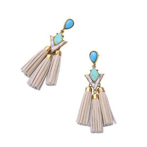 Brinco de Franja de Couro Elegante Boho Chic Com Pedra Turquesa Tassel Laszine Shop