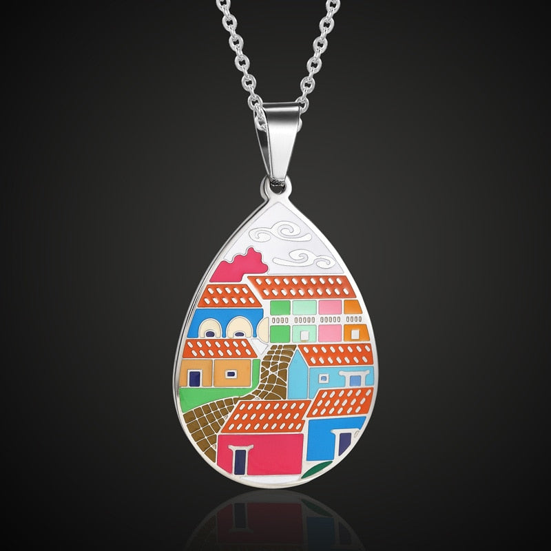 Conjunto Colar e Brinco Esmaltado Colorido Estampa Cidade Laszine Shop