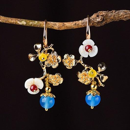 Brinco Floral Azul e Amarelo com Pedra Ágata Natural Laszine Shop