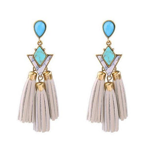 Brinco de Franja de Couro Elegante Boho Chic Com Pedra Turquesa Tassel Laszine Shop