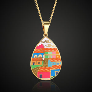 Conjunto Colar e Brinco Esmaltado Colorido Estampa Cidade Laszine Shop