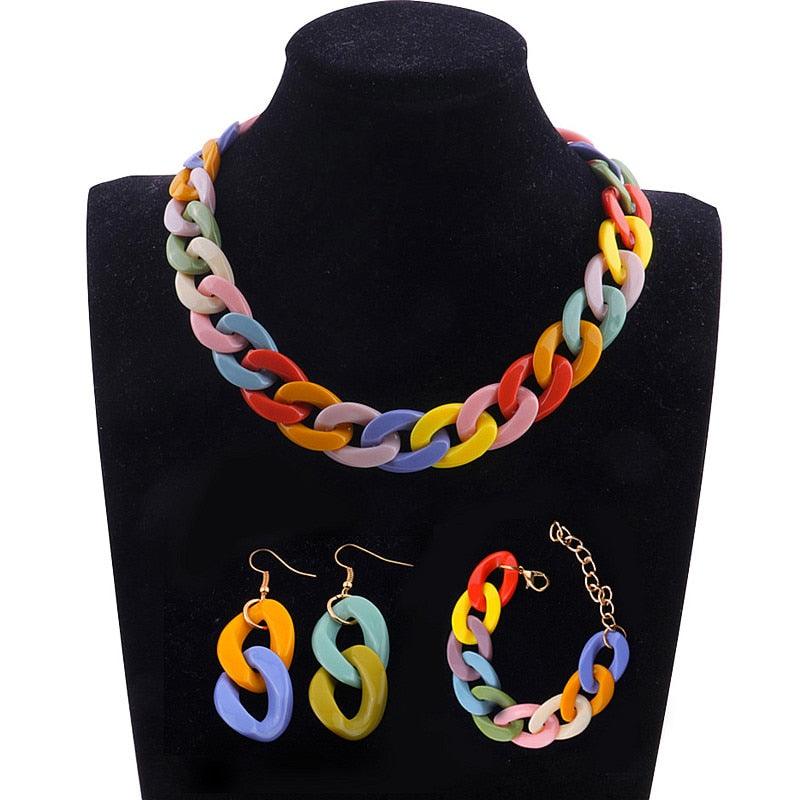 Conjunto de Corrente Colorida - Colar - Pulseira - Brinco Laszine Shop