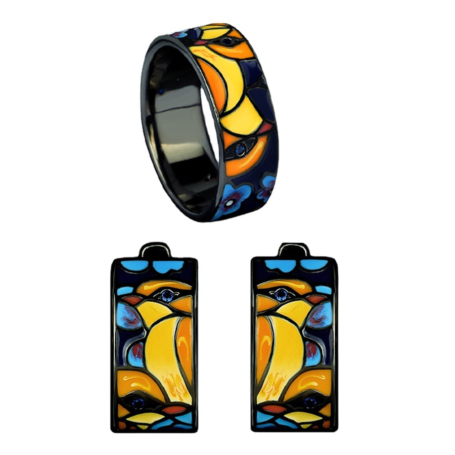 Conjunto de Anel e Brinco Pássaro Amarelo e Azul Esmaltado Laszine Shop