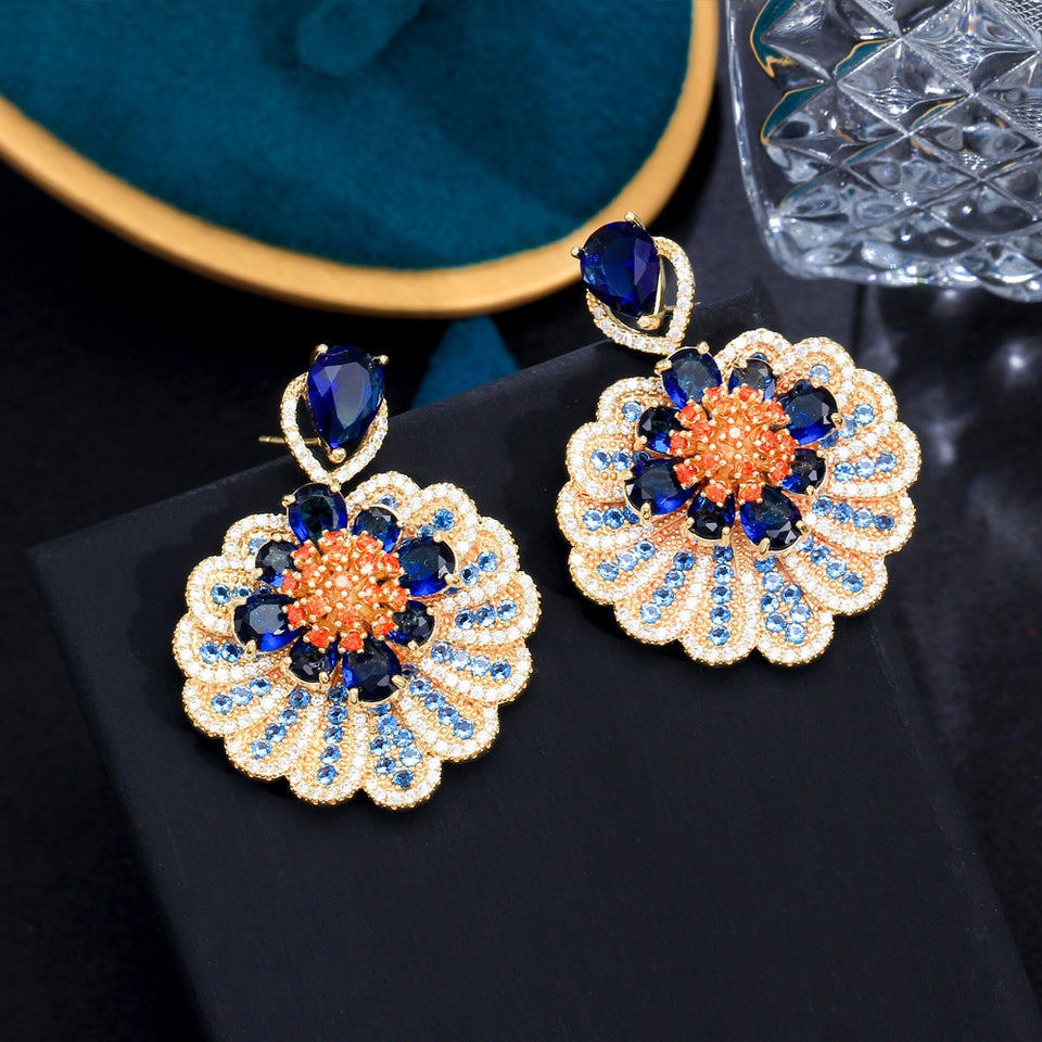 Brinco de Festa Flor Azul e Laranja com Zircônias Laszine Shop