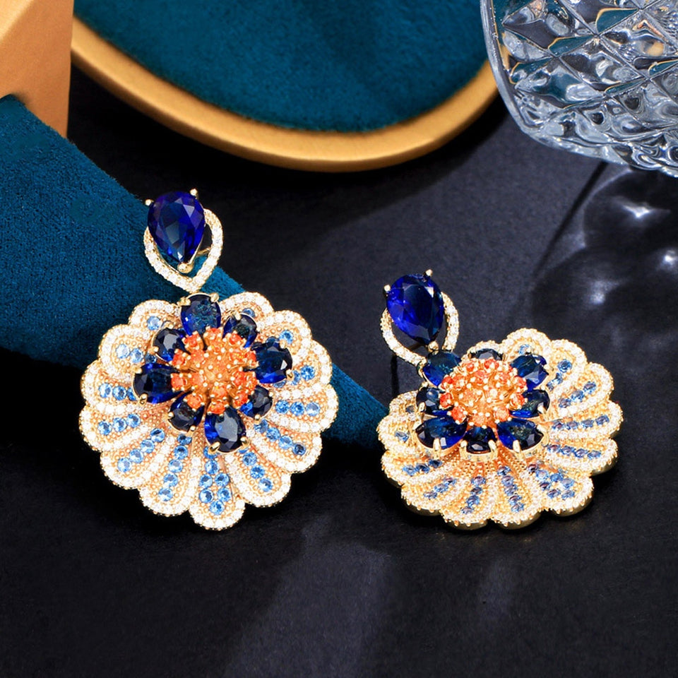 Brinco de Festa Flor Azul e Laranja com Zircônias Laszine Shop