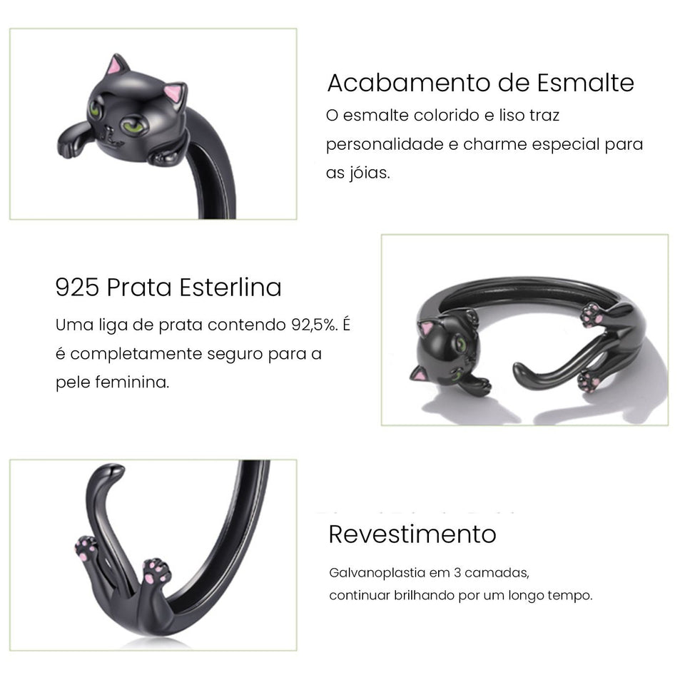 Anel de Gato Preto Em Prata Esterlina 925 Laszine Shop