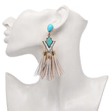 Brinco de Franja de Couro Elegante Boho Chic Com Pedra Turquesa Tassel Laszine Shop