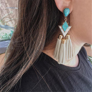 Brinco de Franja de Couro Elegante Boho Chic Com Pedra Turquesa Tassel Laszine Shop