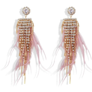 Brinco rosa de Festa Franja de Strass e Plumas Rosa Tassel Laszine Shop