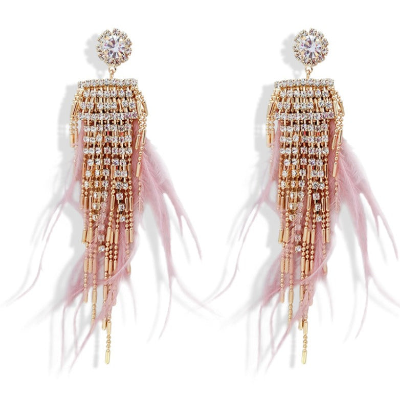 Brinco rosa de Festa Franja de Strass e Plumas Rosa Tassel Laszine Shop